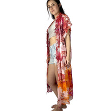 Load image into Gallery viewer, Vintage 1980s Hand Ice Dyed Magenta Orange Lace Duster