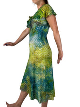 Load image into Gallery viewer, Side view of a Hand dyed 1930s antique cotton eyelet dress in blue and green.