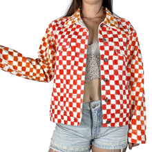 Load image into Gallery viewer, Person wearing an orange and white checkered jacket on a white background