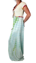 Load image into Gallery viewer, Side view of an Ombre dyed 1970s maxi dress in green with pink trim.