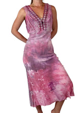Load image into Gallery viewer, Antique Hand Dyed Slip Dress Pink & Purple Ice Dye Rayon Lace Trim