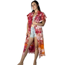 Load image into Gallery viewer, Vintage 1980s Hand Ice Dyed Magenta Orange Lace Duster