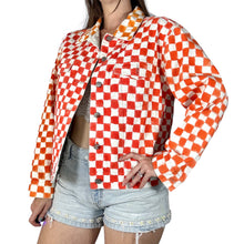 Load image into Gallery viewer, Detail of a hand painted orange and white checkered jacket.