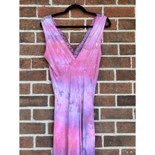 Load image into Gallery viewer, Antique Hand Dyed Slip Dress Pink & Purple Ice Dye Rayon Lace Trim