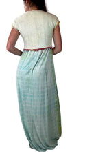 Load image into Gallery viewer, Back view of an Ombre dyed 1970s maxi dress in green with pink trim.