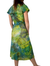 Load image into Gallery viewer, Back view of a Hand dyed 1930s antique cotton eyelet dress in blue and green.