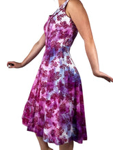 Load image into Gallery viewer, Side view of 1950s hand dyed floral print fit and flare dress.