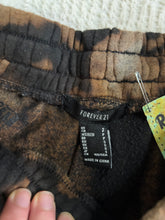 Load image into Gallery viewer, Forever 21 Size Small Vintage bleach-dyed sweatpants with a black and brown marbled pattern, elastic waistband, drawstring, and cuffed ankles