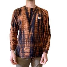 Load image into Gallery viewer, Orange & Black Shibori Bleach Dyed Carhartt T-Shirt Long Sleeve Size Medium