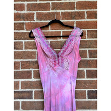 Load image into Gallery viewer, Antique Hand Dyed Slip Dress Pink & Purple Ice Dye Rayon Lace Trim