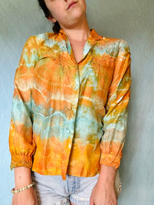 Shibori Dyed Vintage Silk Blouse - Orange and Teal