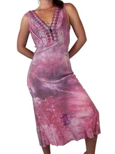 Load image into Gallery viewer, Antique Hand Dyed Slip Dress Pink &amp; Purple Ice Dye Rayon Lace Trim
