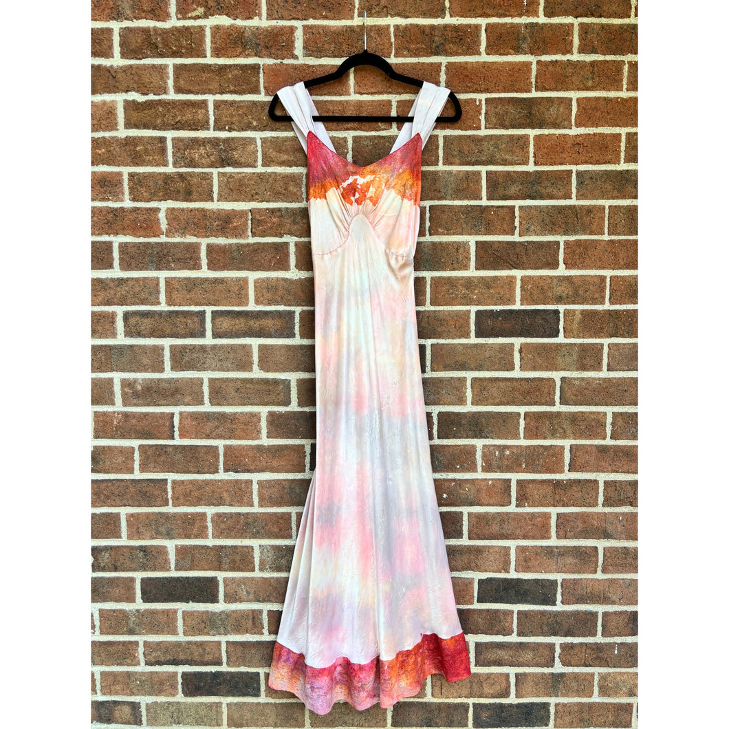 Antique Hand Dyed Rayon Slip Dress Pastel Pink Purple Lace Trim