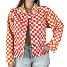 Load image into Gallery viewer, Detail of a hand painted orange and white checkered jacket. 
