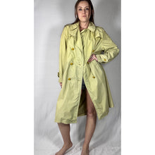 Load image into Gallery viewer, Vintage 80s Hand Dyed Ombre Dip Dye Trench Coat Yellow Green Double Breasted
