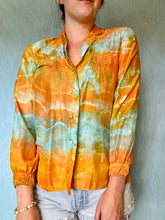 Load image into Gallery viewer, Shibori Dyed Vintage Silk Blouse - Orange and Teal
