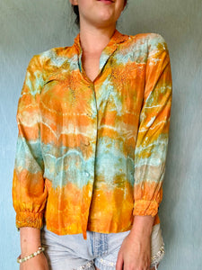 Shibori Dyed Vintage Silk Blouse - Orange and Teal