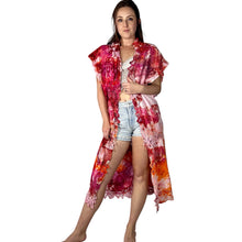 Load image into Gallery viewer, Vintage 1980s Hand Ice Dyed Magenta Orange Lace Duster
