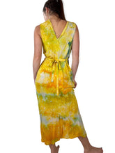 Load image into Gallery viewer, Hand dyed antique silk slip dress in yellow orange and green. 
