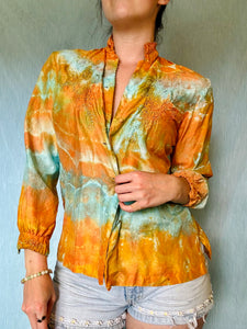 Shibori Dyed Vintage Silk Blouse - Orange and Teal