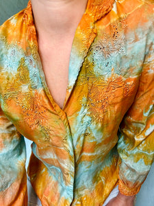 Shibori Dyed Vintage Silk Blouse - Orange and Teal