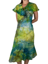 Load image into Gallery viewer, Hand dyed 1930s antique cotton eyelet dress in blue and green. 

