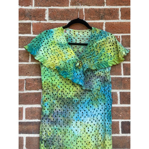 Antique 1940s Hand Dyed Cotton Eyelet Dress Green Blue
