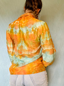 Shibori Dyed Vintage Silk Blouse - Orange and Teal