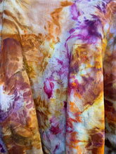 Load image into Gallery viewer, Hand-dyed vintage sweatshirt with a unique ice dye pattern in warm tones of orange, pink, and brown. 
