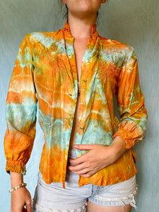 Shibori Dyed Vintage Silk Blouse - Orange and Teal