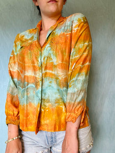 Shibori Dyed Vintage Silk Blouse - Orange and Teal