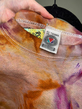 Load image into Gallery viewer, Hand-dyed vintage sweatshirt with a unique ice dye pattern in warm tones of orange, pink, and brown. &#39;Rising Wear Super Cotton&#39; in size XL
