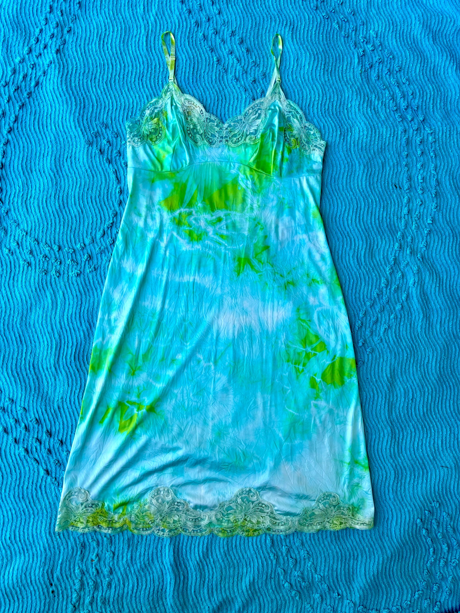 Lime Green and Turquoise Tie Dye Slip Dress REEEGAN Lime Green and Turquoise Tie Dye Slip Dress REEEGAN