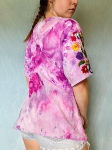 Ice Dyed Pink Boho Vintage Top with Embroidery