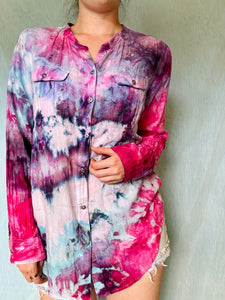 Ice Dyed Pink and Purple Cotton Button Up Blouse