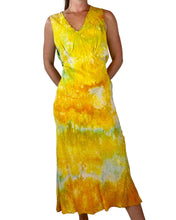 Load image into Gallery viewer, Hand dyed antique silk slip dress in yellow orange and green. 
