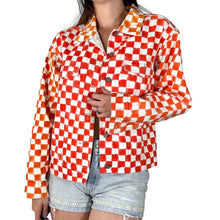 Load image into Gallery viewer, Person wearing a orange and white checkered jacket on a white background
