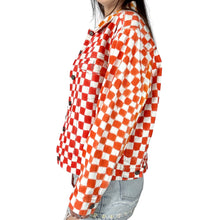 Load image into Gallery viewer, Side view of a person wearing an orange and white checkered jacket on a white background
