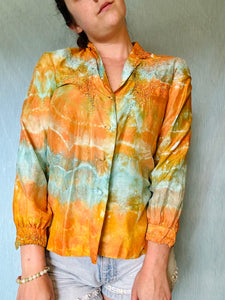 Shibori Dyed Vintage Silk Blouse - Orange and Teal