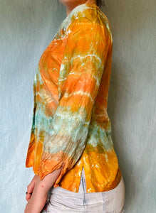 Shibori Dyed Vintage Silk Blouse - Orange and Teal