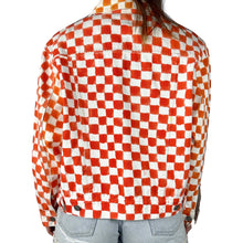 Load image into Gallery viewer, Back view of a hand painted orange and white checkered jacket. 
