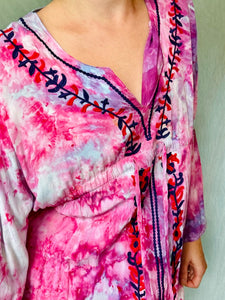 Ice Dyed Pink and Purple Vintage Blouse with Embroidery