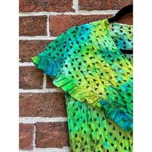 Antique 1940s Hand Dyed Cotton Eyelet Dress Green Blue