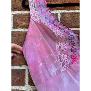 Antique Hand Dyed Slip Dress Pink & Purple Ice Dye Rayon Lace Trim