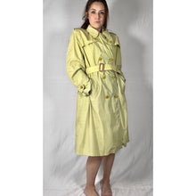 Load image into Gallery viewer, Vintage 80s Hand Dyed Ombre Dip Dye Trench Coat Yellow Green Double Breasted
