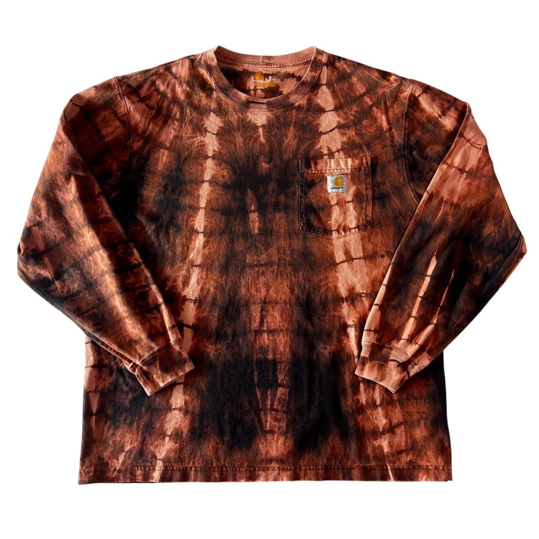 Orange & Black Shibori Bleach Dyed Carhartt T-Shirt Long Sleeve Size Large