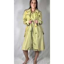 Load image into Gallery viewer, Vintage 80s Hand Dyed Ombre Dip Dye Trench Coat Yellow Green Double Breasted

