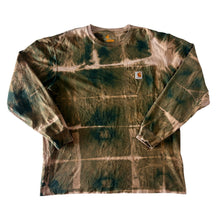 Load image into Gallery viewer, Green &amp; Tan Shibori Bleach Dyed Carhartt T-Shirt Long Sleeve Size Large
