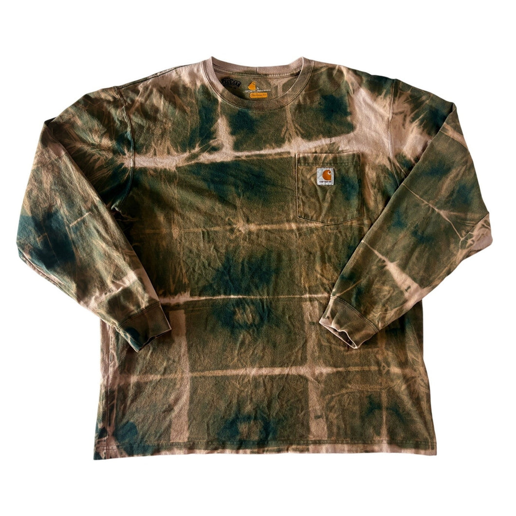 Green & Tan Shibori Bleach Dyed Carhartt T-Shirt Long Sleeve Size Large