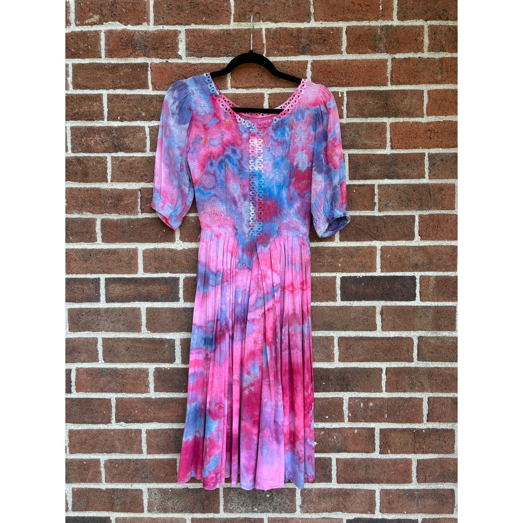 Antique 1940s Hand Dyed Cotton Dress Pink Blue